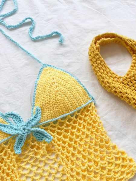 Yellow blue contrasting starfish crochet bikini hand woven top