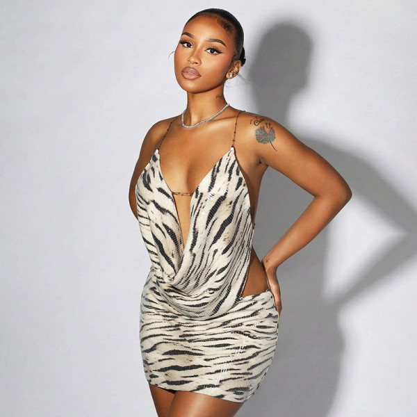Zebra print sequined wave neck backless top, tight fitting half skirt two-piece set