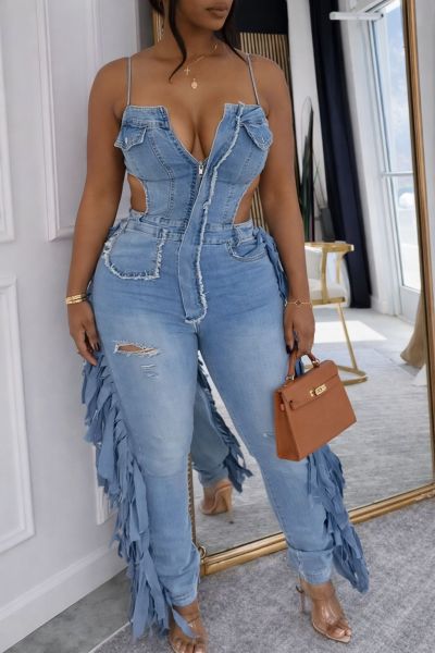Strap top fringe jumpsuit