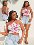Color blocking flower hanging neck backless top