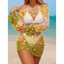 Knitted hollowed out pullover round neck long sleeved bikini
