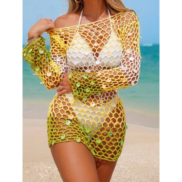 Knitted hollowed out pullover round neck long sleeved bikini