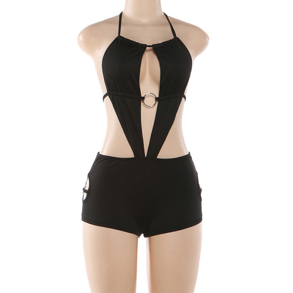 Hollow out backless lace up shorts, hip hugging shorts, hanging neck jumpsuit