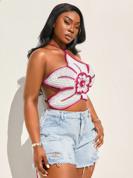 Color blocking flower hanging neck backless top