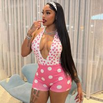 Color blocked polka dot print hanging neck backless jumpsuit