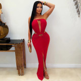 Solid color backless slit strapless dress