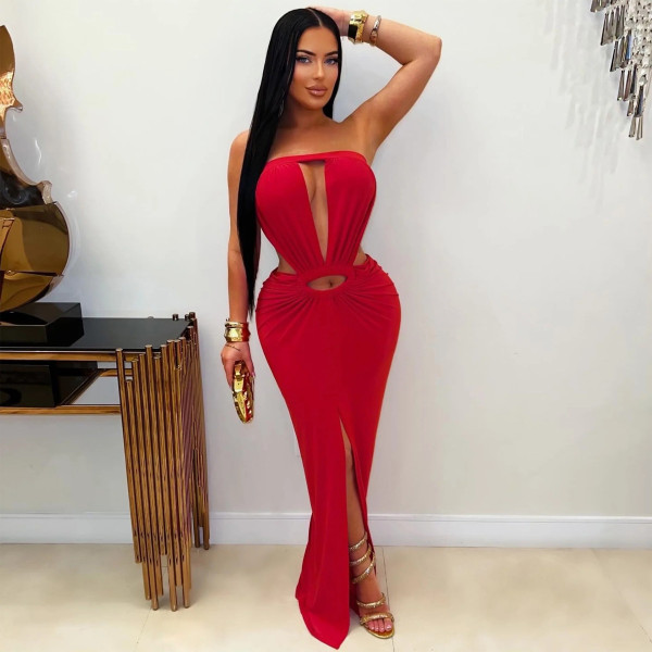 Solid color backless slit strapless dress