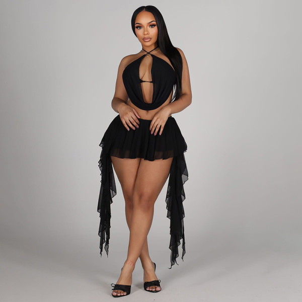 Mesh hanging neck, swinging collar, tied up top, ruffle edge pants skirt two-piece set
