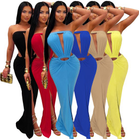 Solid color backless slit strapless dress