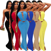 Solid color backless slit strapless dress Solid color backless slit strapless dress
