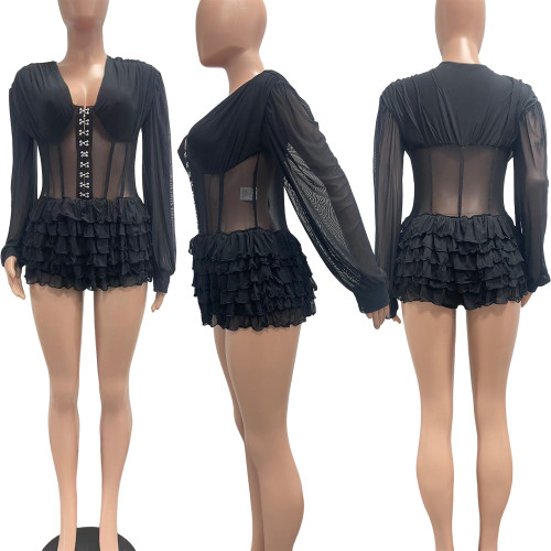 Mesh patchwork ruffle edge jumpsuit