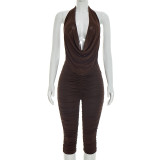Swinging collar backless pleated mesh hanging neck seven quarter pants set