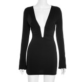 Deep V hollow out long sleeved pleated waist bag and hip skirt dress