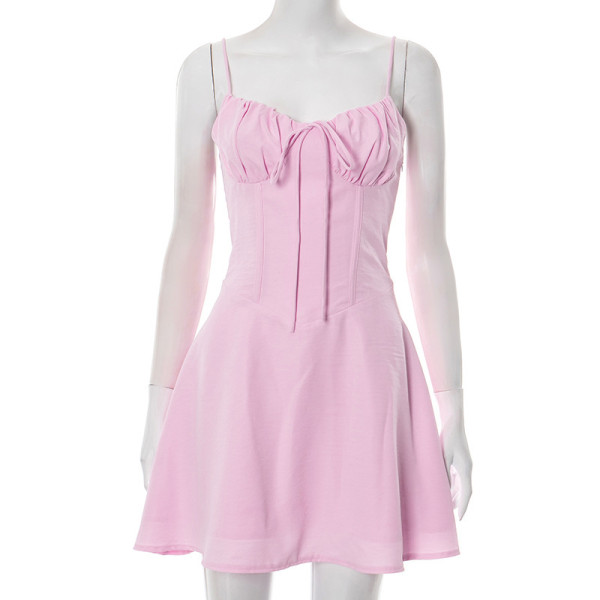 Strap pleated lace up dress