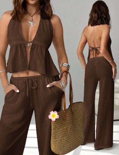 Neck strap backless sleeveless vest set