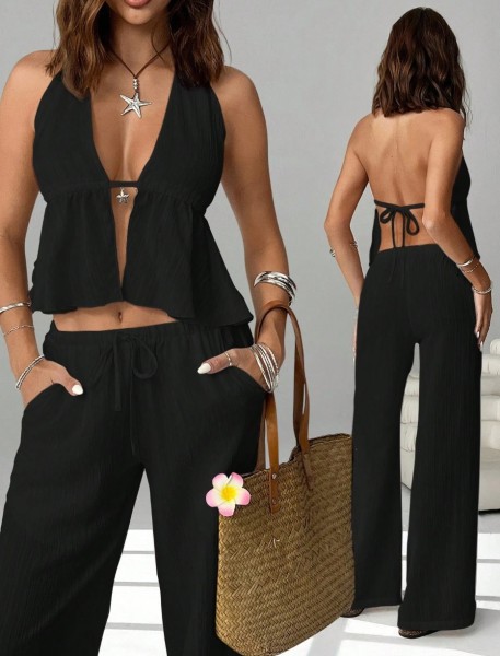 Neck strap backless sleeveless vest set