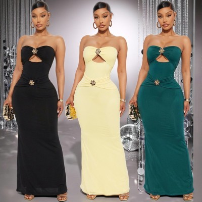 Strapless hollow metal flower wrapped buttocks long skirt