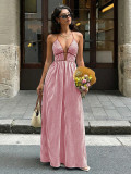 Deep V-neck striped dress with backless, sleeveless, and halter neck design S9681