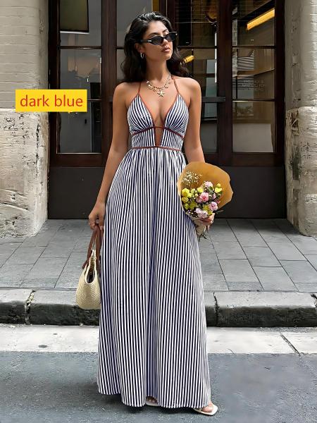 Deep V-neck striped dress with backless, sleeveless, and halter neck design S9681