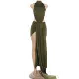 Hanging neck tie, revealing backpack buttocks dress