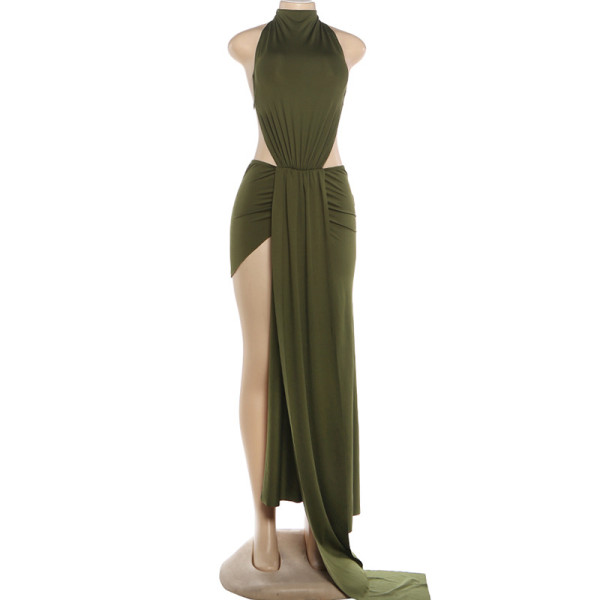 Hanging neck tie, revealing backpack buttocks dress