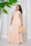 Flip collar single breasted elastic waist large swing dress