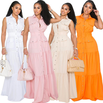 Flip collar single breasted elastic waist large swing dress