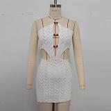 Hollow out beach skirt, strapless tie, hanging neck, exposed backpack, buttocks, knitted skirt, cover up shirt