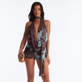 Hanging collar mesh two-piece jumpsuit