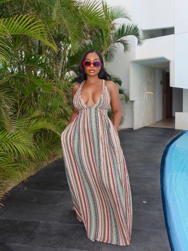 Colorful striped tied dress, long skirt
