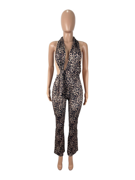 Leopard print print backless jumpsuit