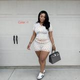 Polka dot zipper hooded print contrasting color tight fitting hip lifting short sleeved shorts two-piece set D10125