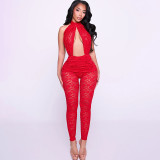 Lace patchwork hanging neck backless slim fit jumpsuit