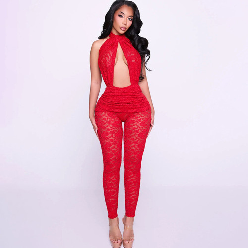 Lace patchwork hanging neck backless slim fit jumpsuit
