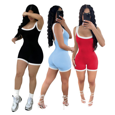Color blocking pit stripe tight backless jumpsuit shorts