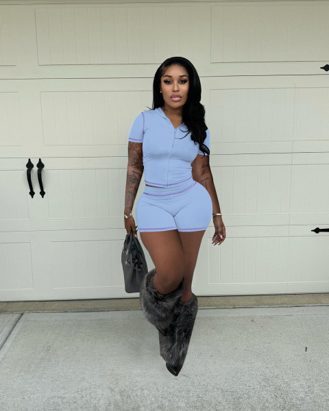 Zipper hooded cardigan high stretch sports short sleeved shorts two-piece set