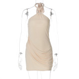 Splicing mesh wrapped hip short hanging neck dress