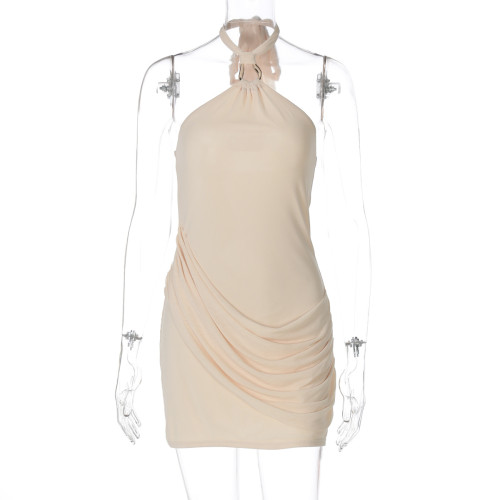 Splicing mesh wrapped hip short hanging neck dress