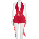 Lace patchwork hanging neck large backless ruffle edge jumpsuit shorts