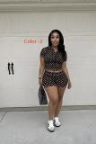 Polka dot zipper hooded print contrasting color tight fitting hip lifting short sleeved shorts two-piece set D10125