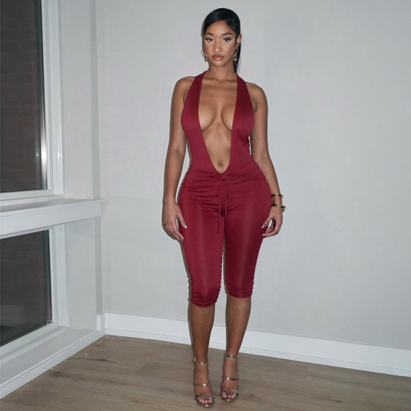 Tie up neck jumpsuit five quarter pants