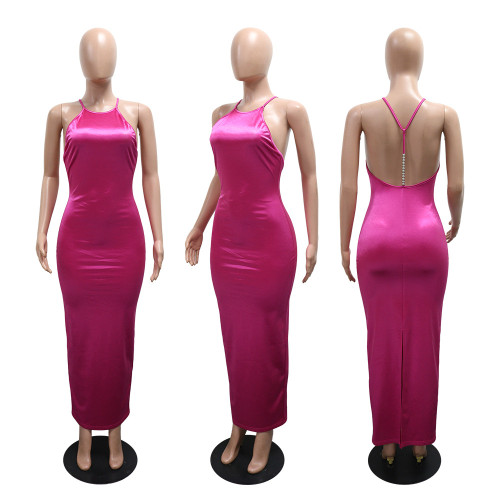 Hanging neck solid color dress long skirt