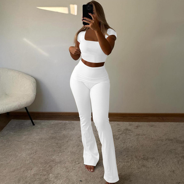 Pit stripe U-neck short sleeved flip up pants two-piece set