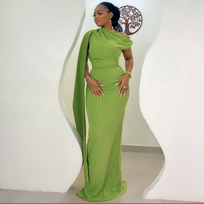 One Step Skirt Slant Collar Solid Color Single Shoulder Long Dress