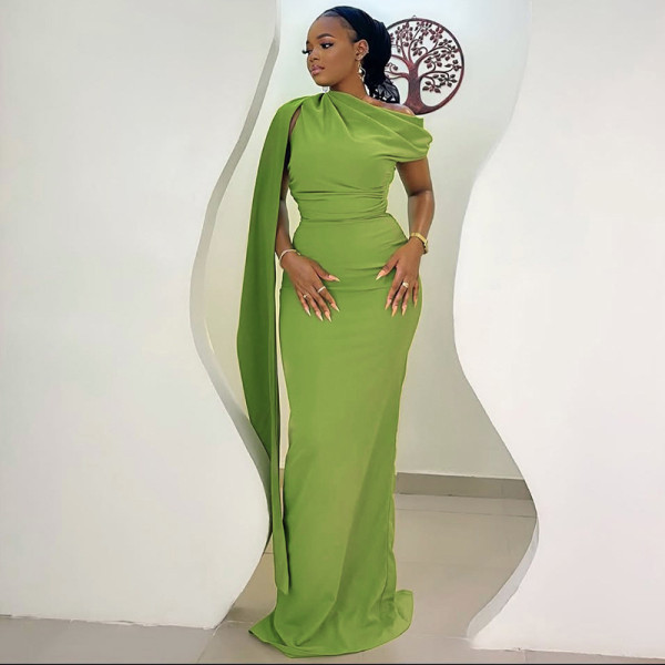 One Step Skirt Slant Collar Solid Color Single Shoulder Long Dress