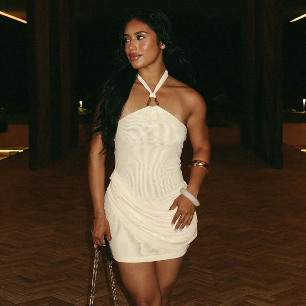 Splicing mesh wrapped hip short hanging neck dress