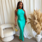 Hanging neck solid color dress long skirt