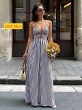 Deep V-neck striped dress with backless, sleeveless, and halter neck design S9681