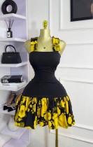 Sleeveless shoulder print strapless pleated short dress Sleeveless shoulder print strapless pleated short dress