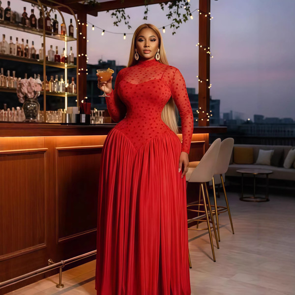 Long sleeved stand up collar patchwork pleated long dress